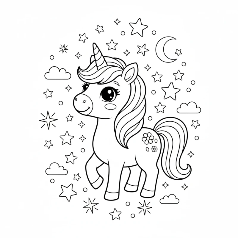 Cute unicorn with stars coloring page