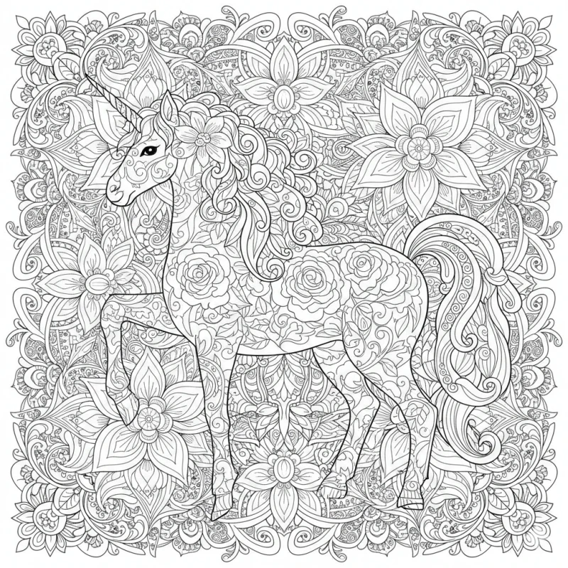 Detailed unicorn mandala coloring page