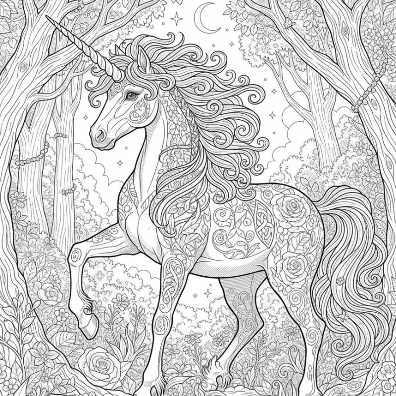 Realistic unicorn coloring page