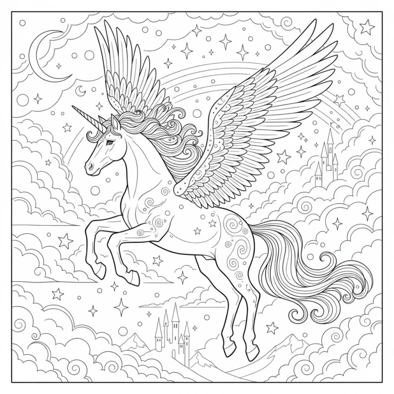 Unicorn with Wings Flying Coloring Page